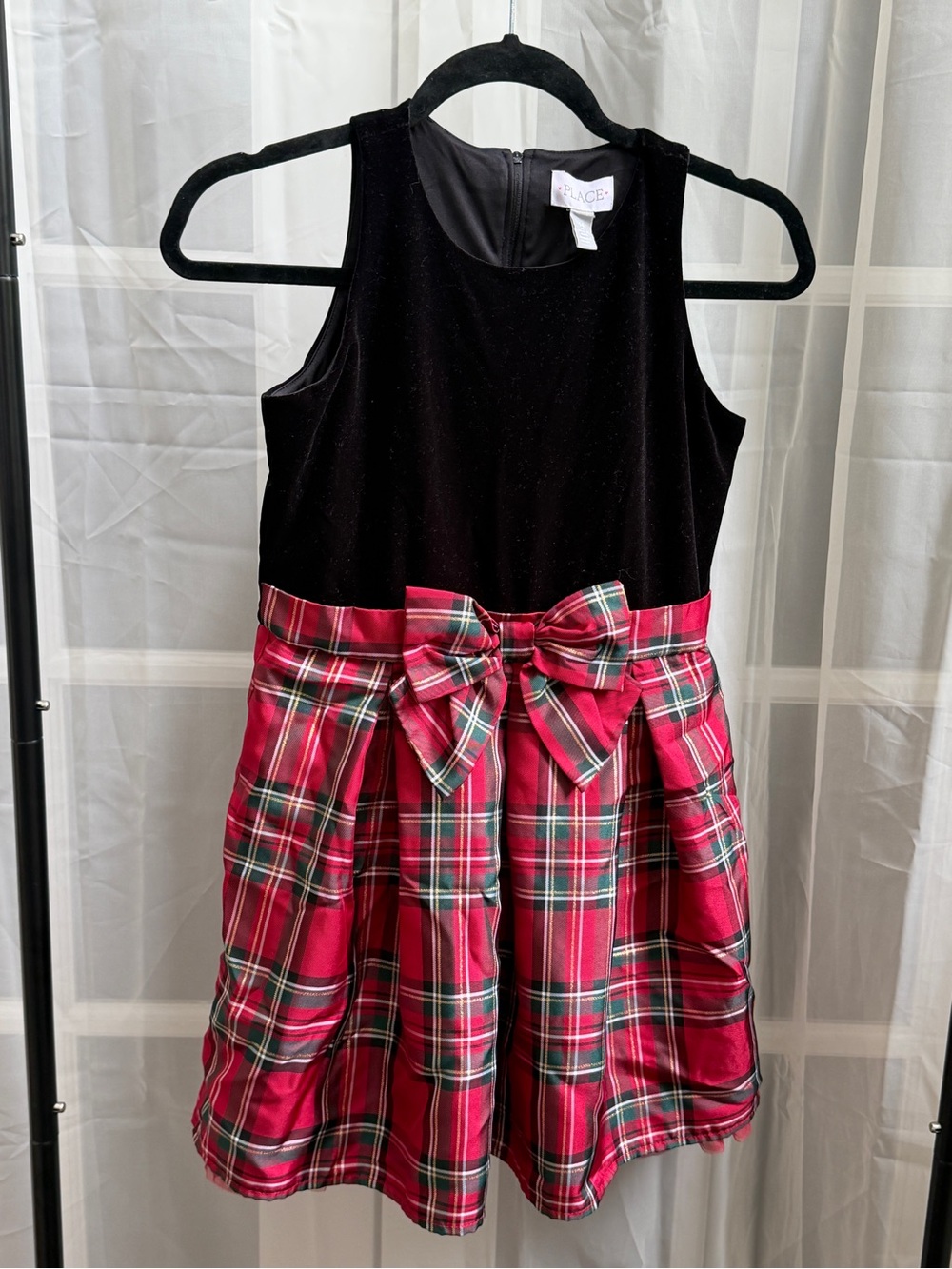 The Children's Place Black Velvet Top Red Plaid Skirt Bow Dress